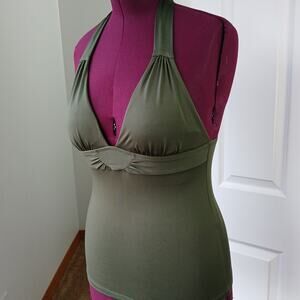 Bisou Bisou Tankini Halter Swim Top Medium Olive Green removable bra padding